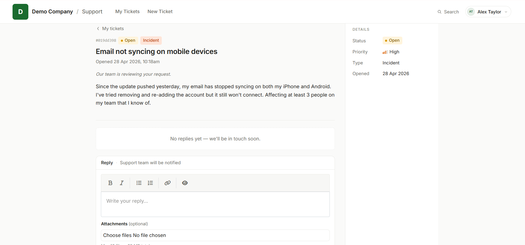 Customer portal: individual ticket view with full conversation thread and reply editor